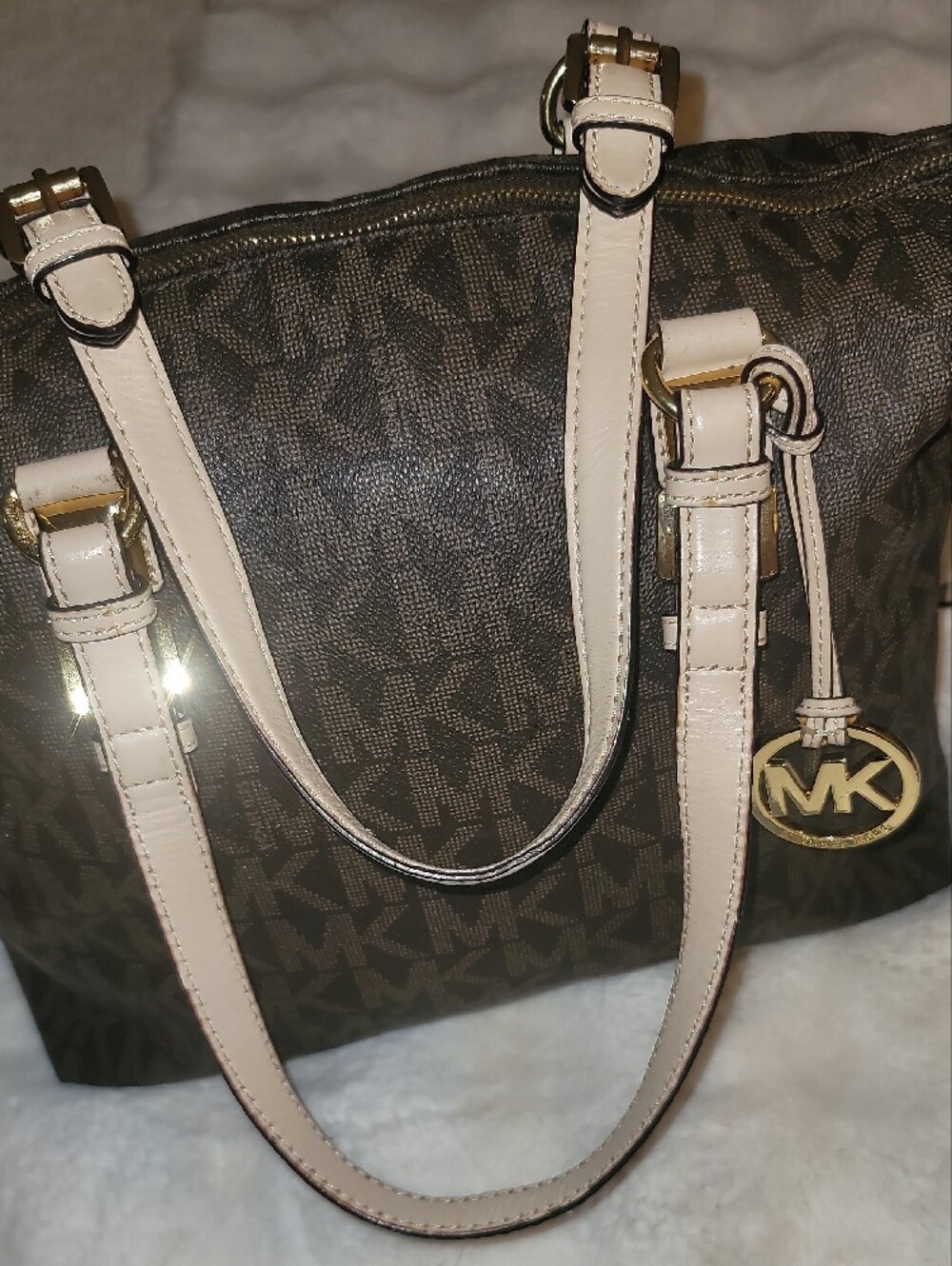 Michael Kors Brown Logo Shoulder Bag with Cream Trim